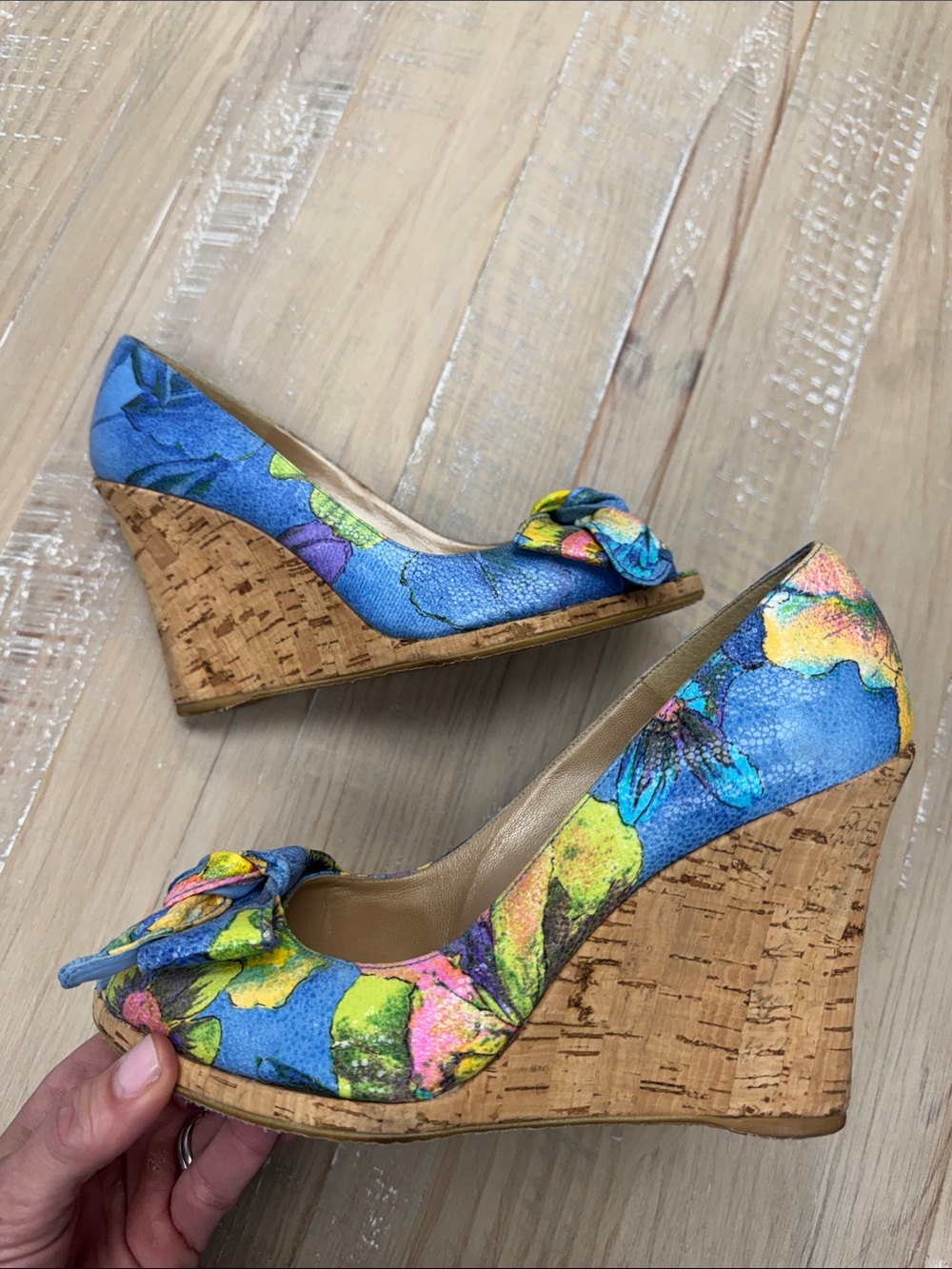 Stuart Weitzman Vintage Floral Cork Wedge Peep Toe Heels, size 9.5